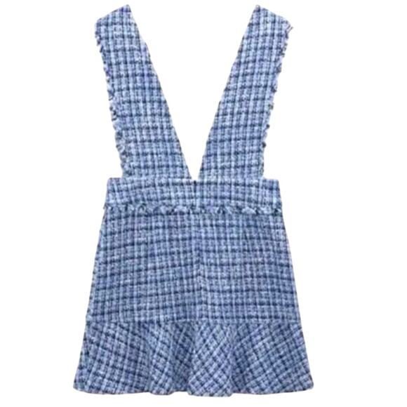 ZARA Textured Pinafore Dress Blue & white dress Sz XS old money vibes - Picture 3 of 3
